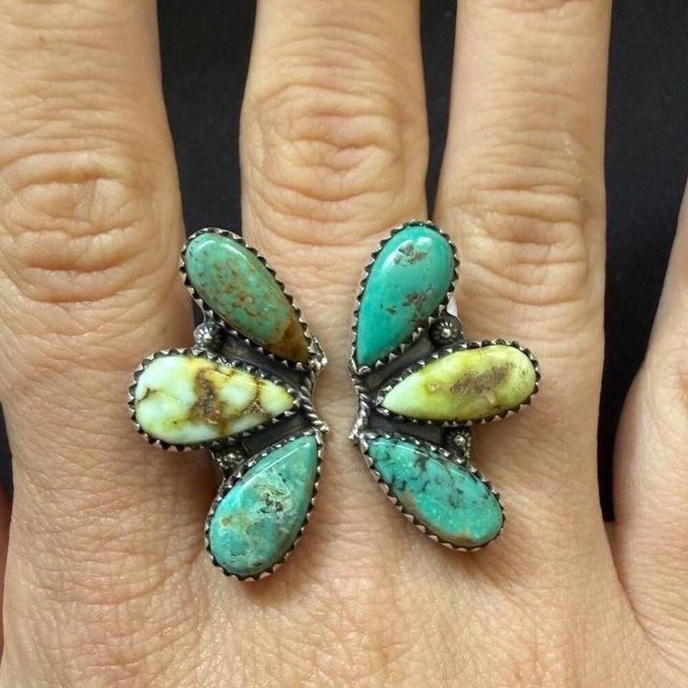 Massive handmade sterling silver hachita turquoise and palomino float ring